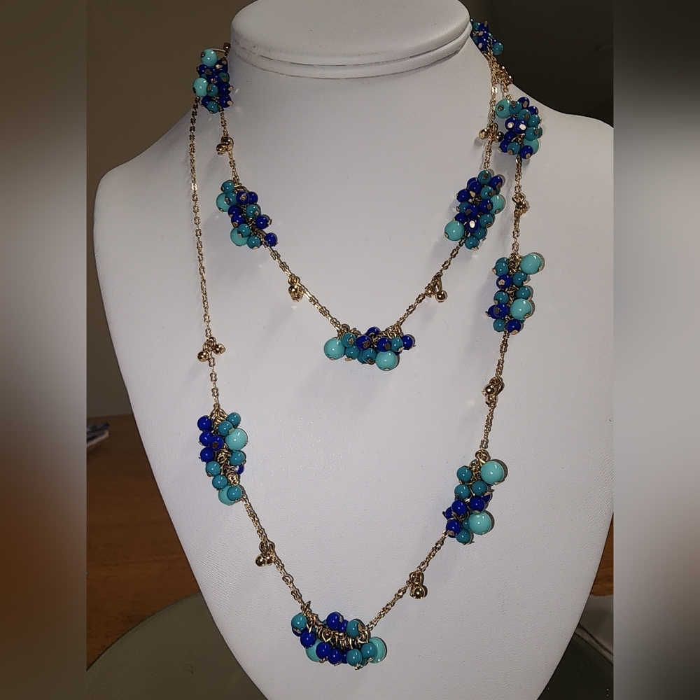 Vera Bradly Blue and Gold Cluster Beaded Necklace